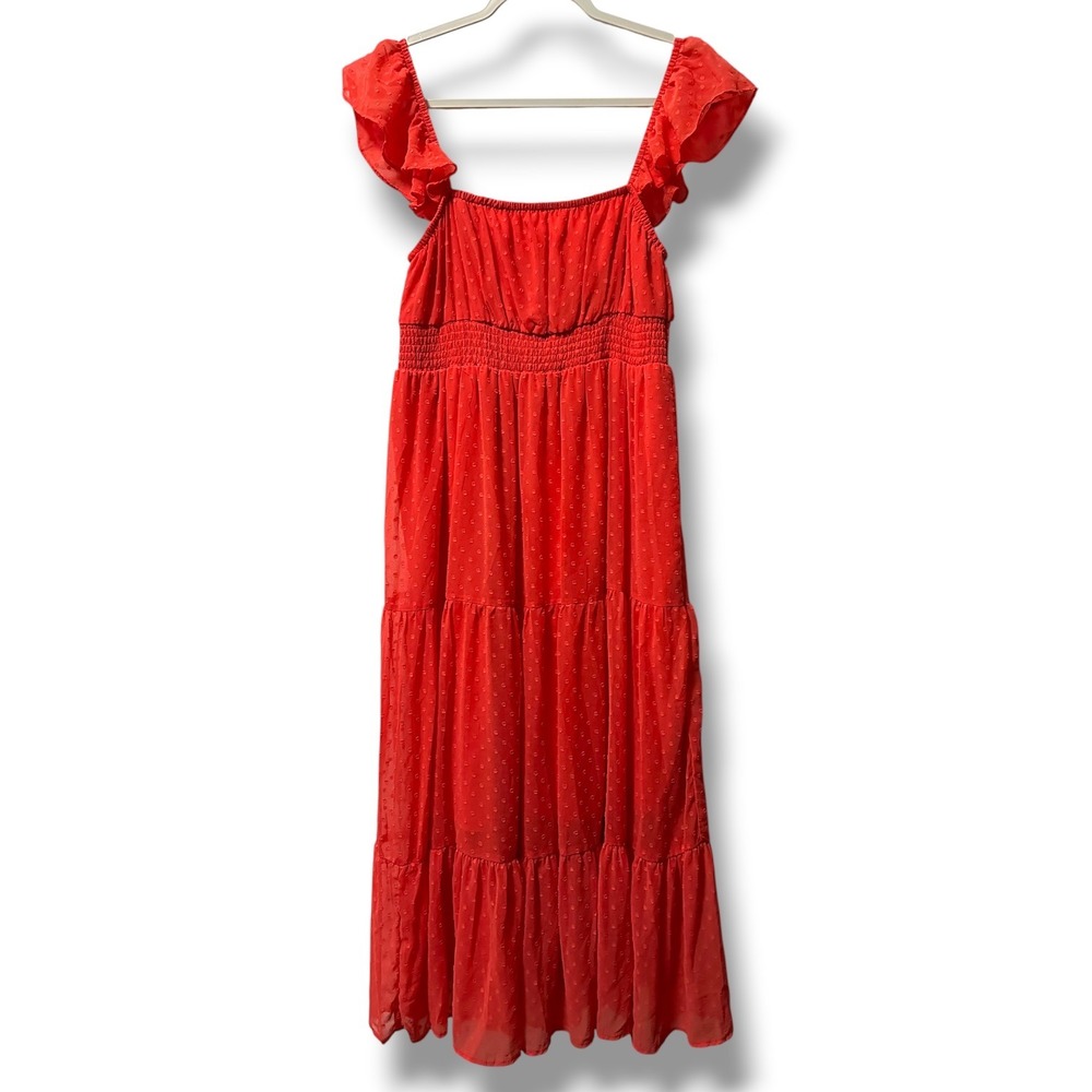 Rewind Coral Red Swiss Dot Smocked Tiered Ruffle Midi Dress XL Cottagecore